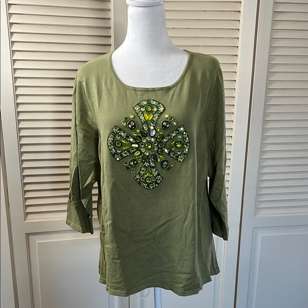 Green Embellished Women's 3/4 sleeve knit top